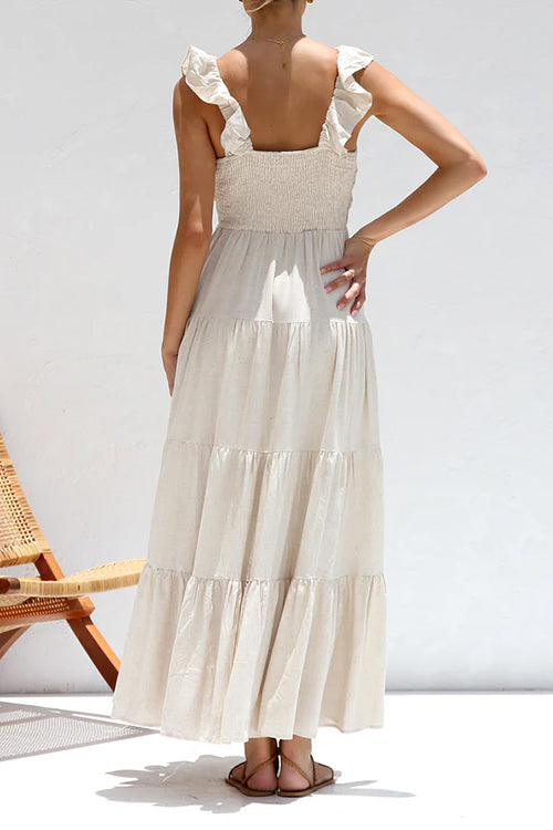 Rebadress V Neck Ruffle Trim Tiered Sleeveless Linen Maxi Dress