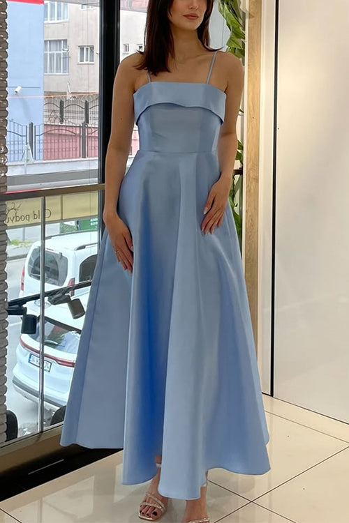 Rebadress Spaghetti Strap Waisted A-line Satin Maxi Dress