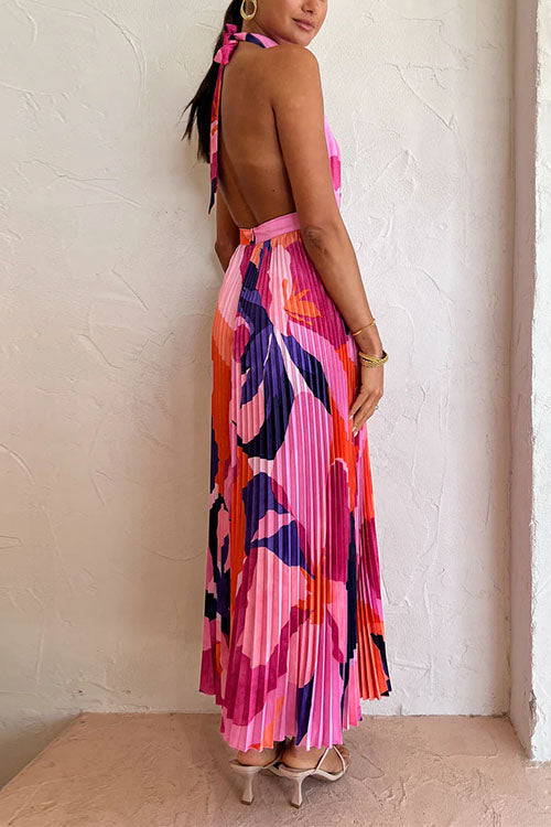 Rebadress Halter Backless Cut Out Printed Maxi Pleated Dress