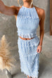 Rebadress Frill Trim Halter Backless Crop Top and Drawstring Waist Maxi Skirt Set