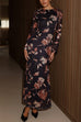 Round Neck Long Sleeves Floral Print Maxi Dress