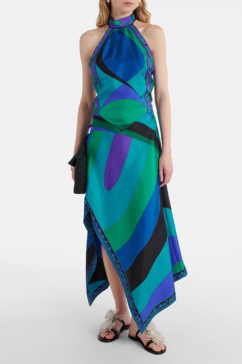 Rebadress Printed Halter Tie Knot Backless Top and Irregular Hem Maxi Skirt Set