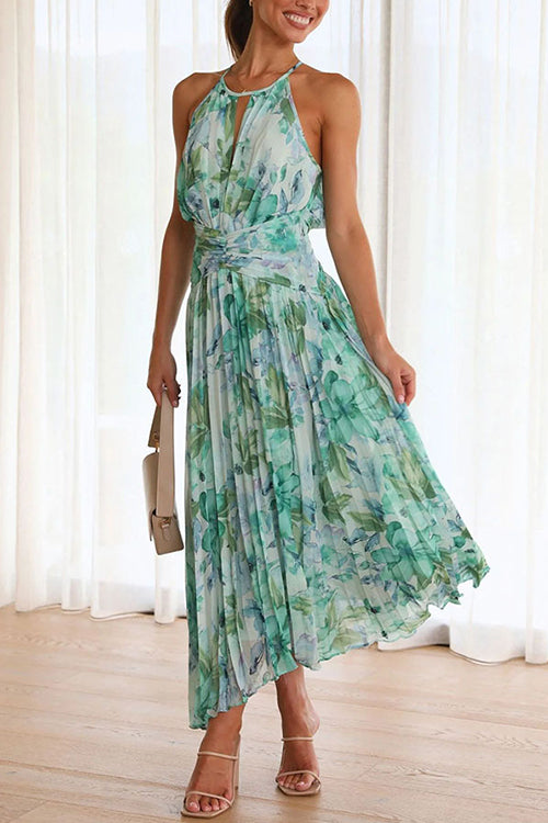 Rebadress V Neck Waisted Cut Out Floral Pleated Maxi Dress