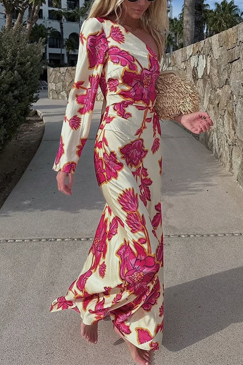 Rebadress One Shoulder Long Sleeve Floral Print Maxi Dress