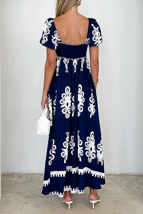 Square Neck Backless Abstract Print Maxi Dress