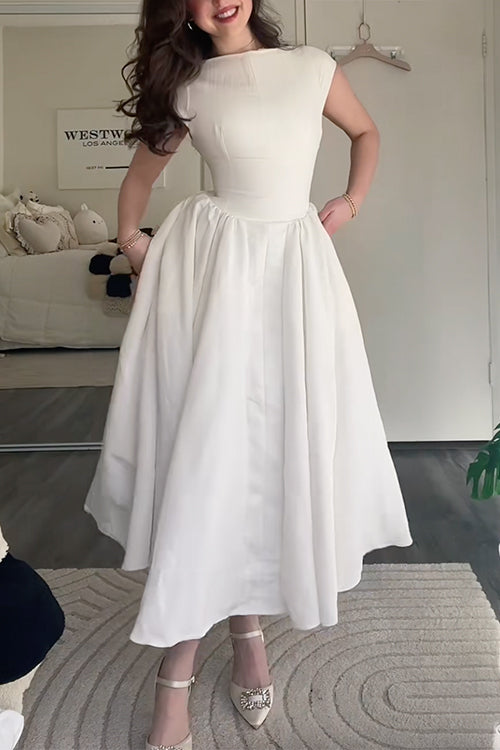 Rebadress Cap Sleeves Open Back Waisted Swing Midi Dress