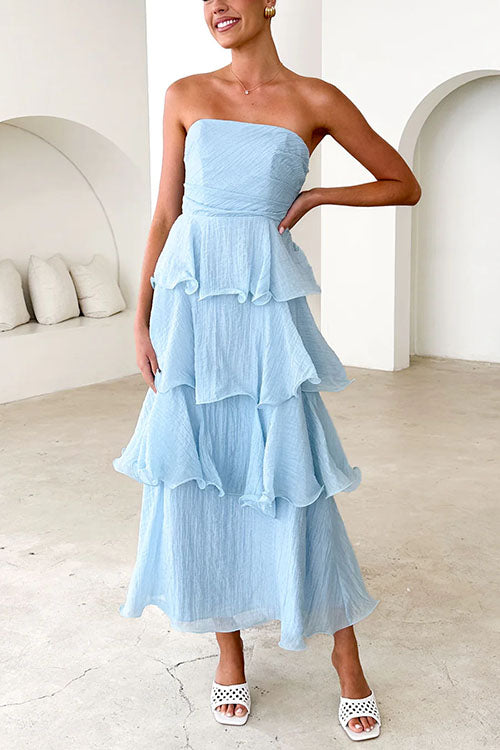 Rebadress Strapless Empire Waist Ruffle Layered Maxi Dress