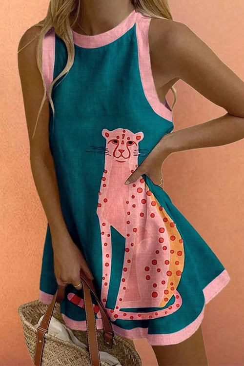 Rebadress Crewneck Sleeveless Leopard Print Mini Dress