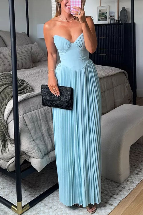 Rebadress Strapless V Neck Corset Pleated Maxi Dress