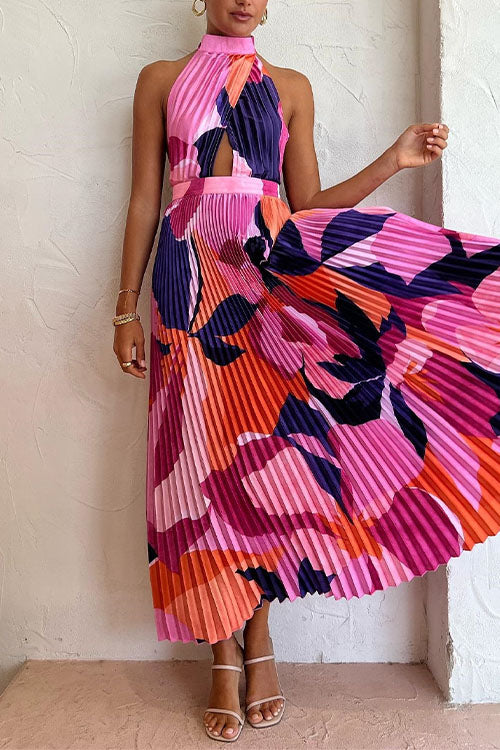 Rebadress Halter Backless Cut Out Printed Maxi Pleated Dress