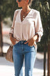 Rebadress V Neck Roll Up Long Sleeves Blouse Shirt