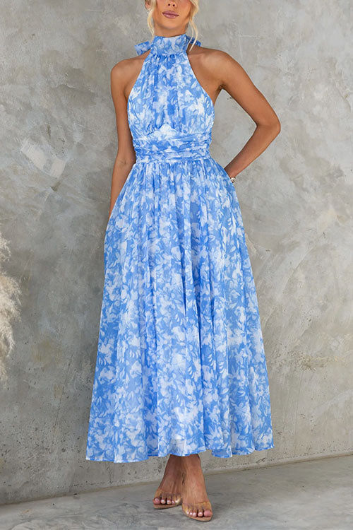 Bow Neck Halter Backless Floral Print Maxi Dress