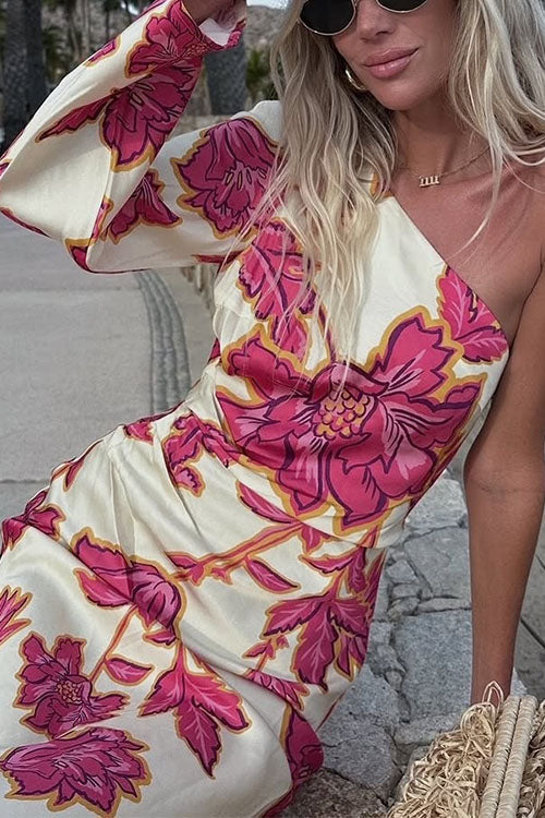 Rebadress One Shoulder Long Sleeve Floral Print Maxi Dress