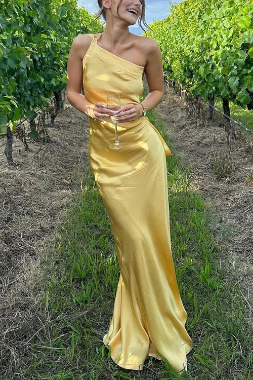 Rebadress One Shoulder Open Back Tie Knot Satin Maxi Dress