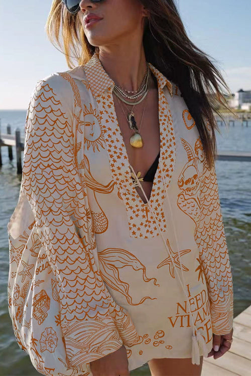 Rebadress Collared V Neck Shirt and Side Slit Shorts Vitamin Sea Print Set