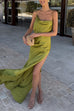 Rebadress High Slit Back Drape Cascading Satin Maxi Cami Dress