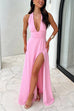 Rebadress Deep V Neck Halter Tie Knot Backless Slit Maxi Dress