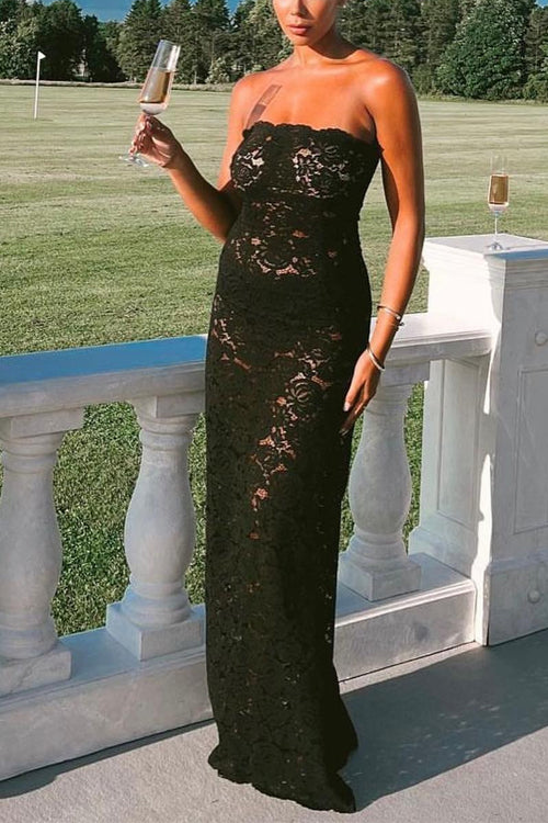 Rebadress Strapless Lace Hollow Out Bodycon Maxi Dress