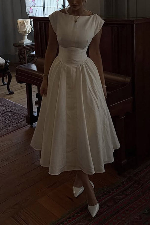 Rebadress Cap Sleeves Open Back Waisted Swing Midi Dress