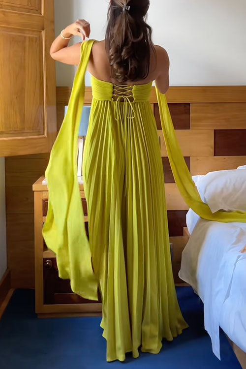 Rebadress Strapless Back Lace-up Pleated Maxi Dress