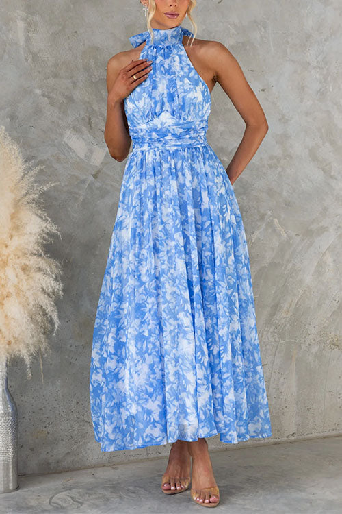 Bow Neck Halter Backless Floral Print Maxi Dress