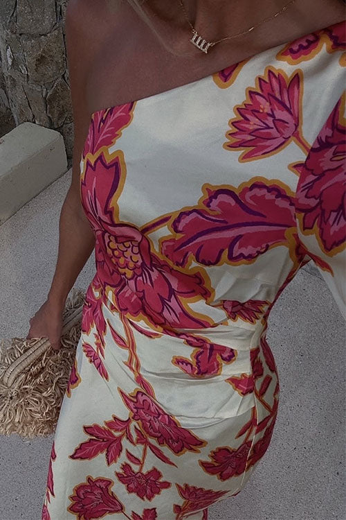 Rebadress One Shoulder Long Sleeve Floral Print Maxi Dress