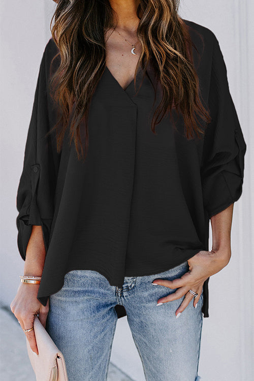 Rebadress V Neck Roll Up Long Sleeves Blouse Shirt