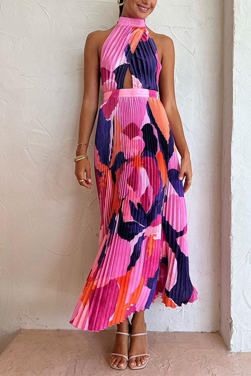 Rebadress Halter Backless Cut Out Printed Maxi Pleated Dress