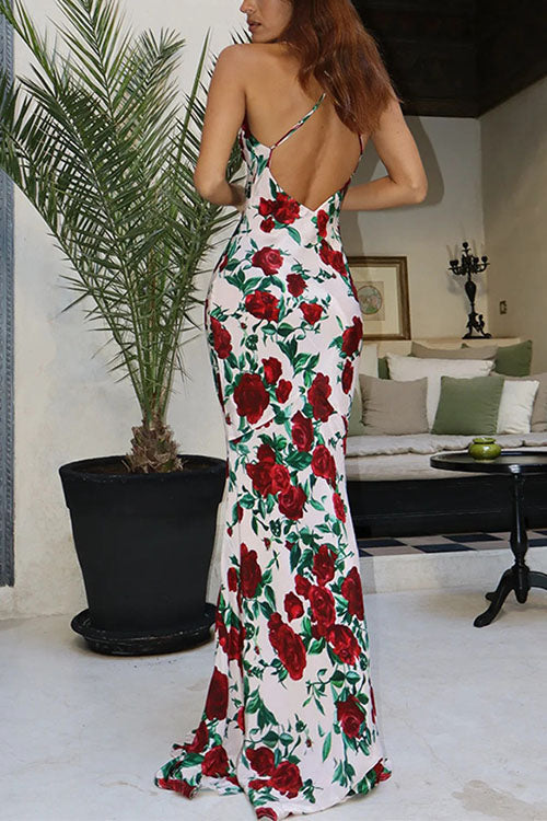 Rebadress Spaghetti Strap Open Back Floral Print Maxi Dress