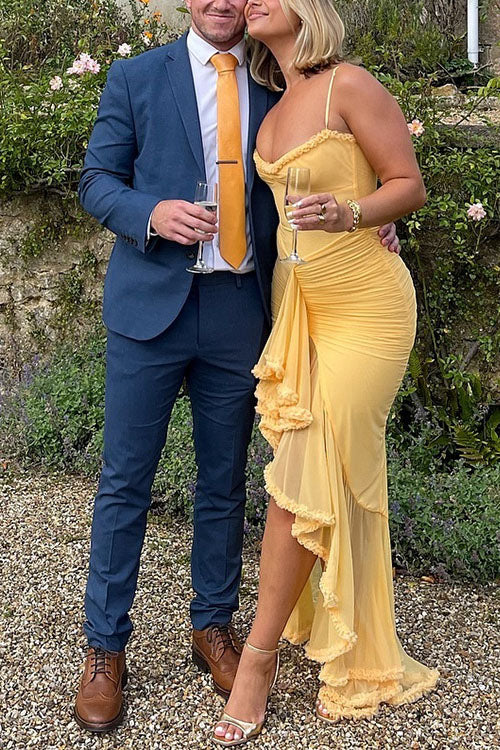 Rebadress Spaghetti Strap Mesh Splice Draped Ruffle Maxi Dress