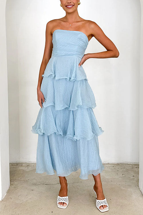 Rebadress Strapless Empire Waist Ruffle Layered Maxi Dress