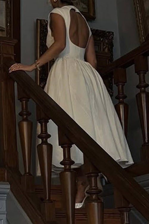 Rebadress Cap Sleeves Open Back Waisted Swing Midi Dress