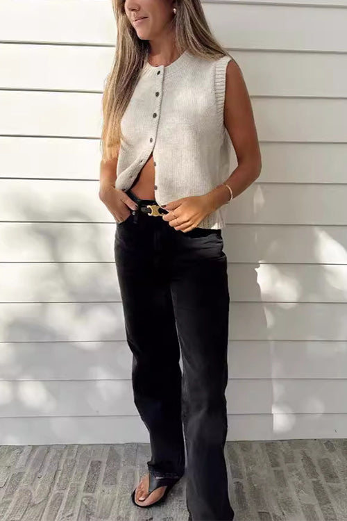 Rebadress Crewneck Sleeveless Button Down Knitting Top