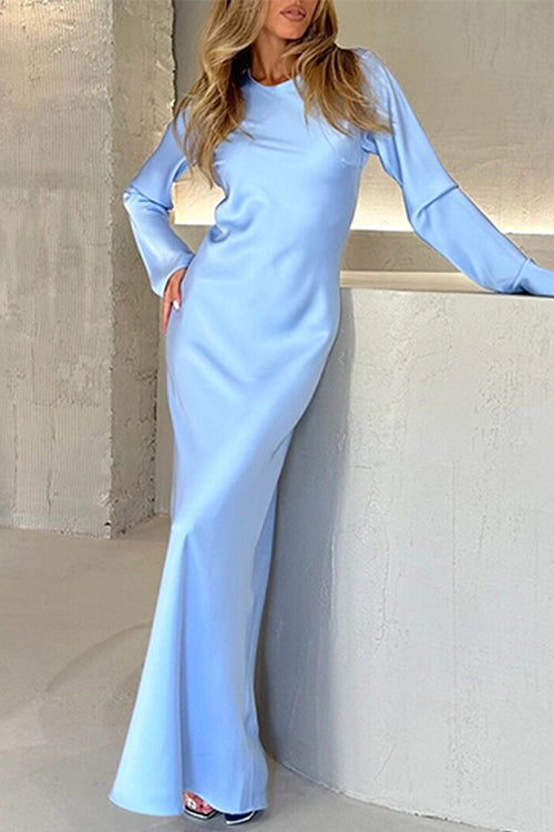 Rebadress Round Neck Long Sleeves Satin Maxi Party Dress