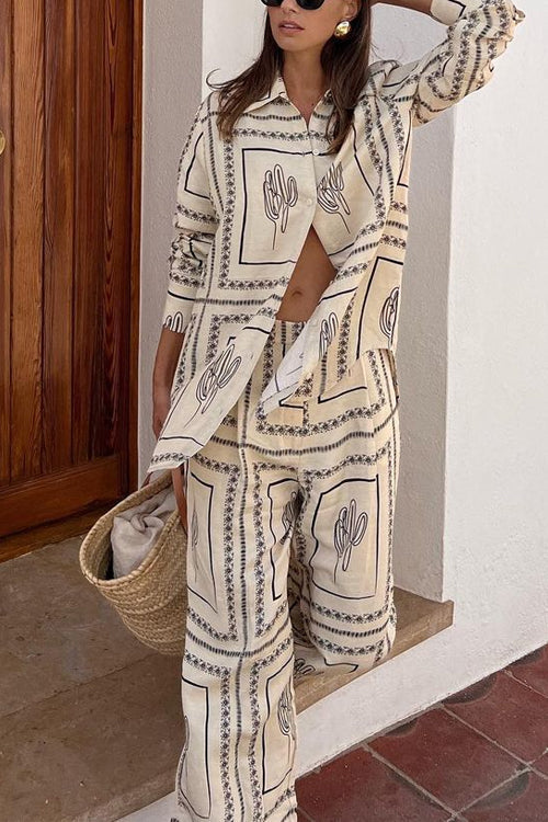 Rebadress Cactus Print Lapel Long Sleeves Shirt Elastic Waist Wide Leg Pants Set