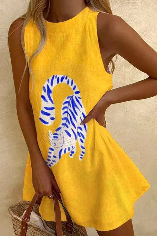 Rebadress Round Neck Sleeveless Cartoon Print Mini Dress