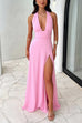 Rebadress Deep V Neck Halter Tie Knot Backless Slit Maxi Dress