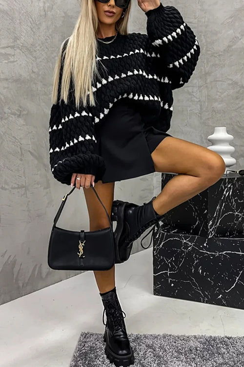 Rebadress Lantern Sleeves Color Block Chunky Knit Sweater