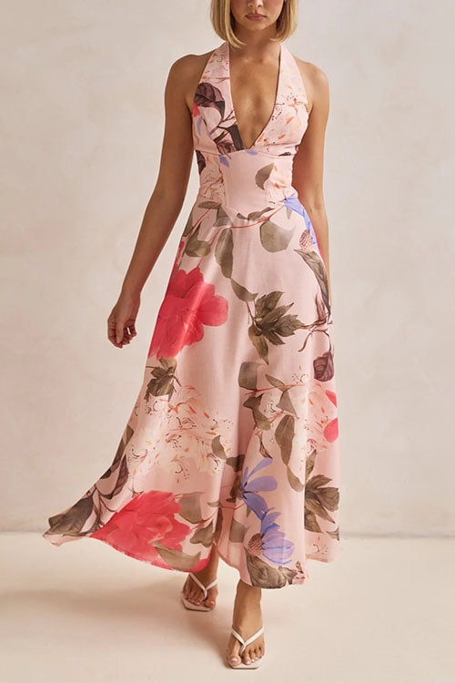 Halter V Neck Lace-up Waisted Floral Print Maxi Dress