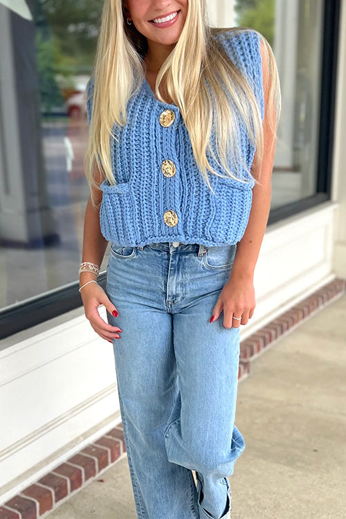 Rebadress Gold Buttons Pocketed Chunky Sweater Vest