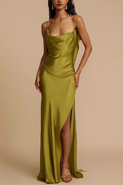 Rebadress High Slit Back Drape Cascading Satin Maxi Cami Dress