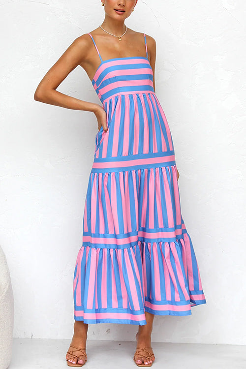 Rebadress Spaghetti Strap Tiered Color Block Striped Maxi Dress