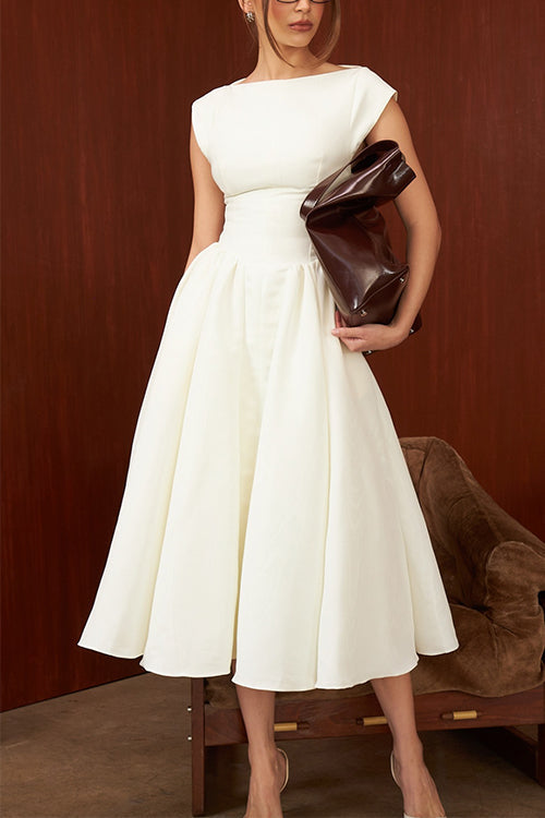 Rebadress Cap Sleeves Open Back Waisted Swing Midi Dress