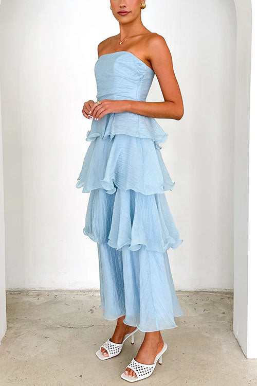 Rebadress Strapless Empire Waist Ruffle Layered Maxi Dress