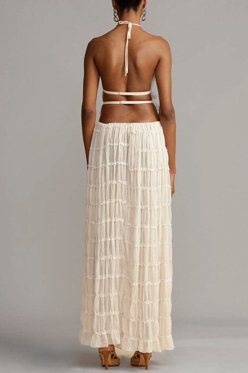 Rebadress Frilled Halter Open Back Crop Top and Pleated Maxi Skirt Set