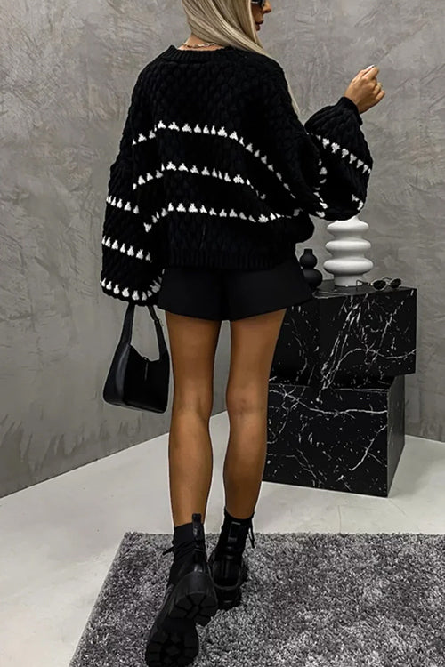 Rebadress Lantern Sleeves Color Block Chunky Knit Sweater