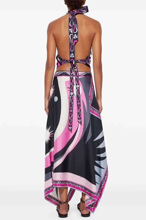 Rebadress Printed Halter Tie Knot Backless Top and Irregular Hem Maxi Skirt Set