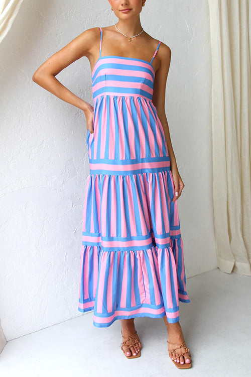 Rebadress Spaghetti Strap Tiered Color Block Striped Maxi Dress