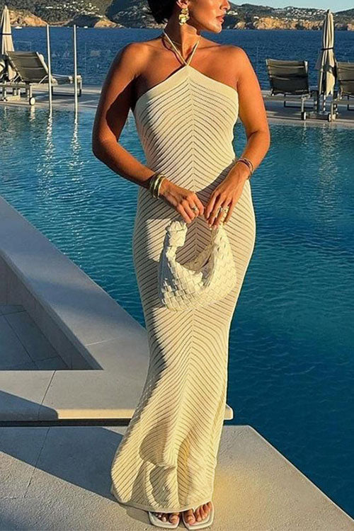 Rebadress Halter Open Back Hollow Out Knit Bodycon Maxi Dress
