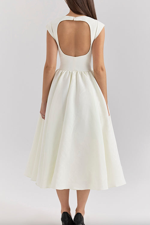 Rebadress Cap Sleeves Open Back Waisted Swing Midi Dress